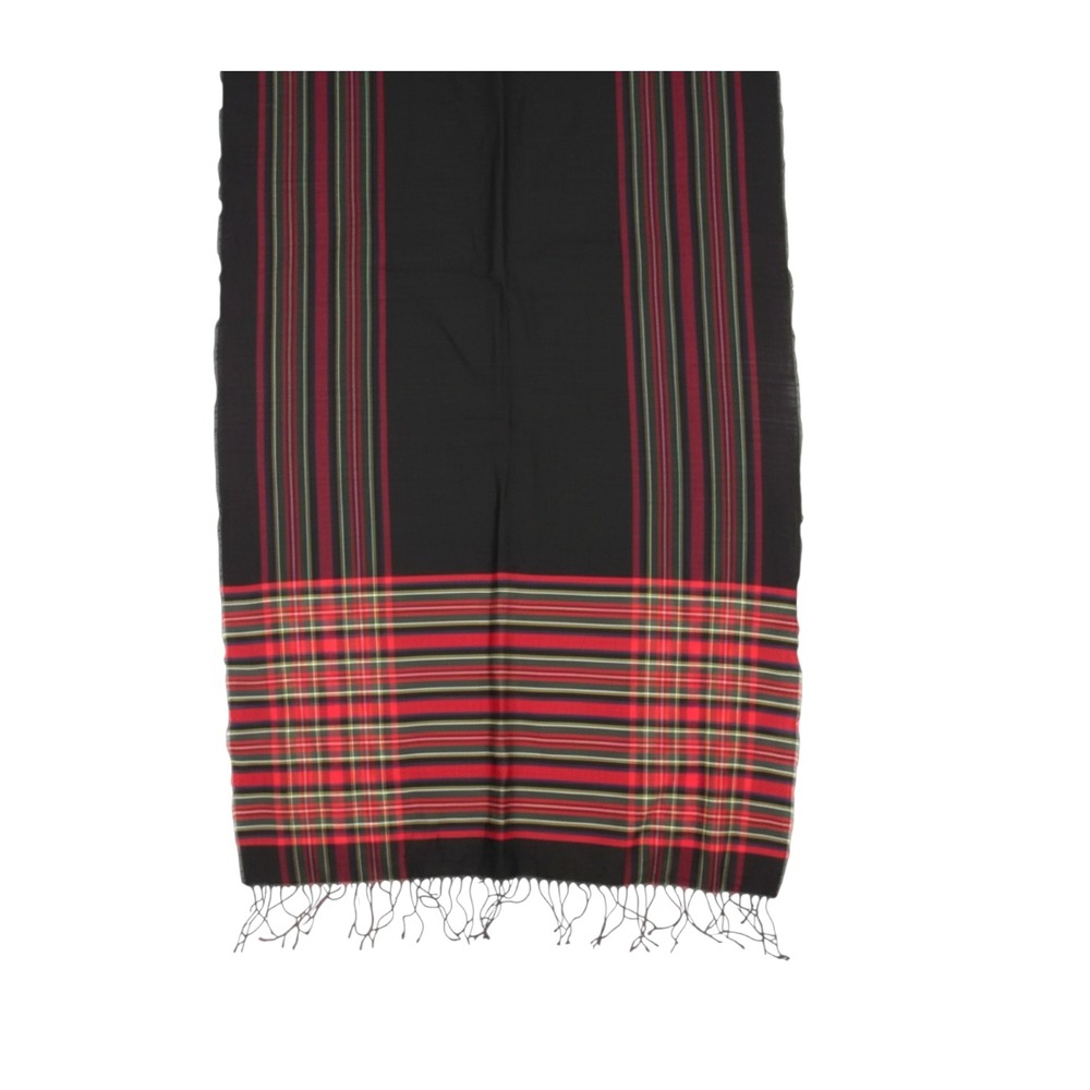 TALBOTS Black/Multi WOOL BLEND Tassel Trim STRIPED/PLAID Rectangle Wrap Scarf